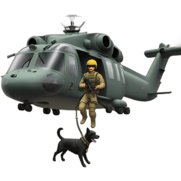 A special forces man gets out of a helicopter with his dog emoji