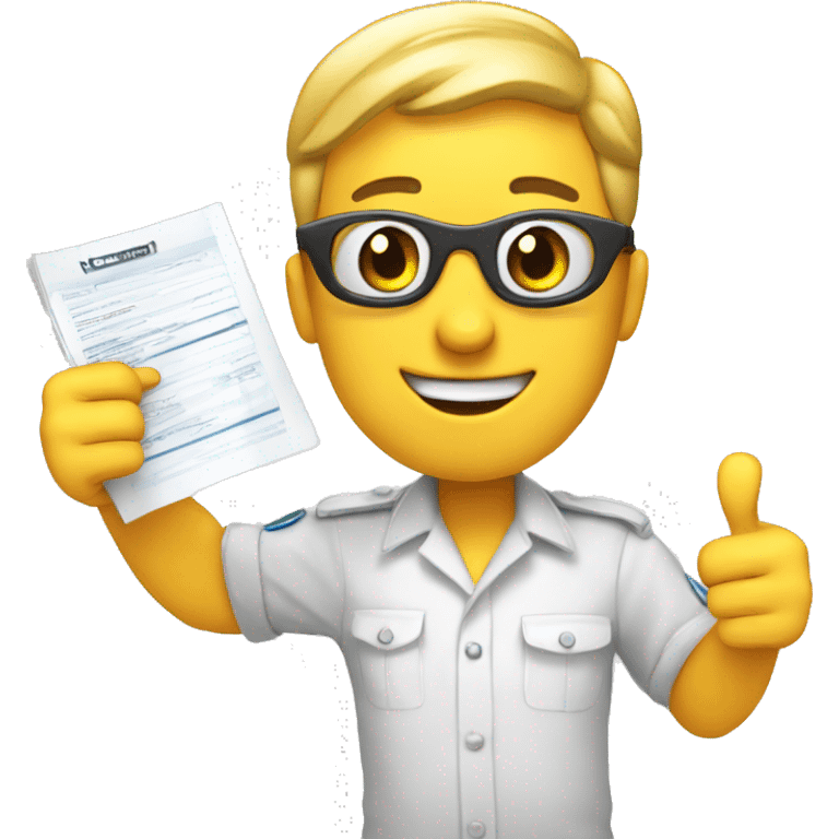 Smiling emoji, wide eyes, thumbs-up, holding report, celebrating success. emoji