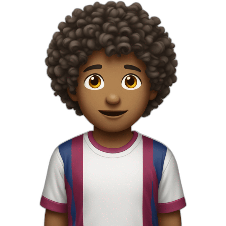 A boy wear Barcelona T-shirt and he has curly hair emoji