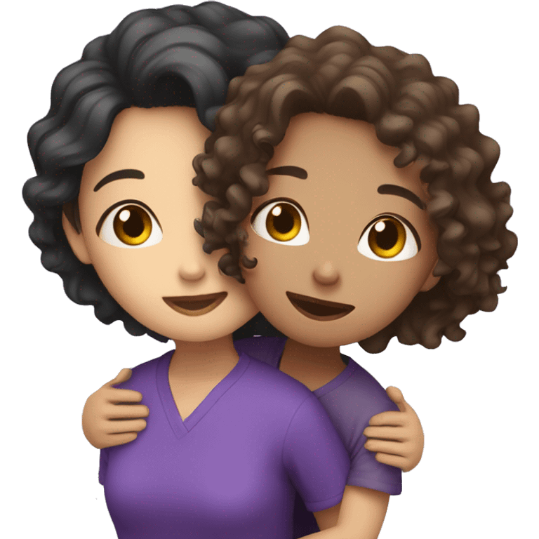 Asian girl and brunette curly hair girl hugging with purple shirts on emoji