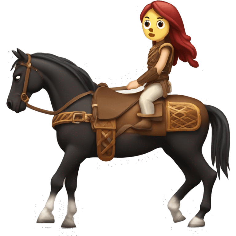 Caballo marrón de crines negras haciendo coma clásica con una amazona morena  emoji