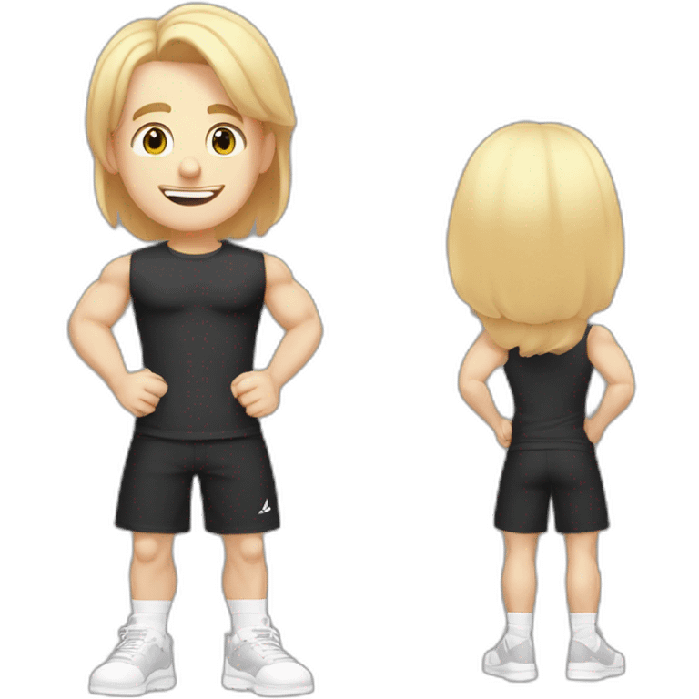 Pale skinned Fit Man With the biceps and blonde hair in black shirt, gray sports shorts and white Sneakers Writing text on the flipchart emoji