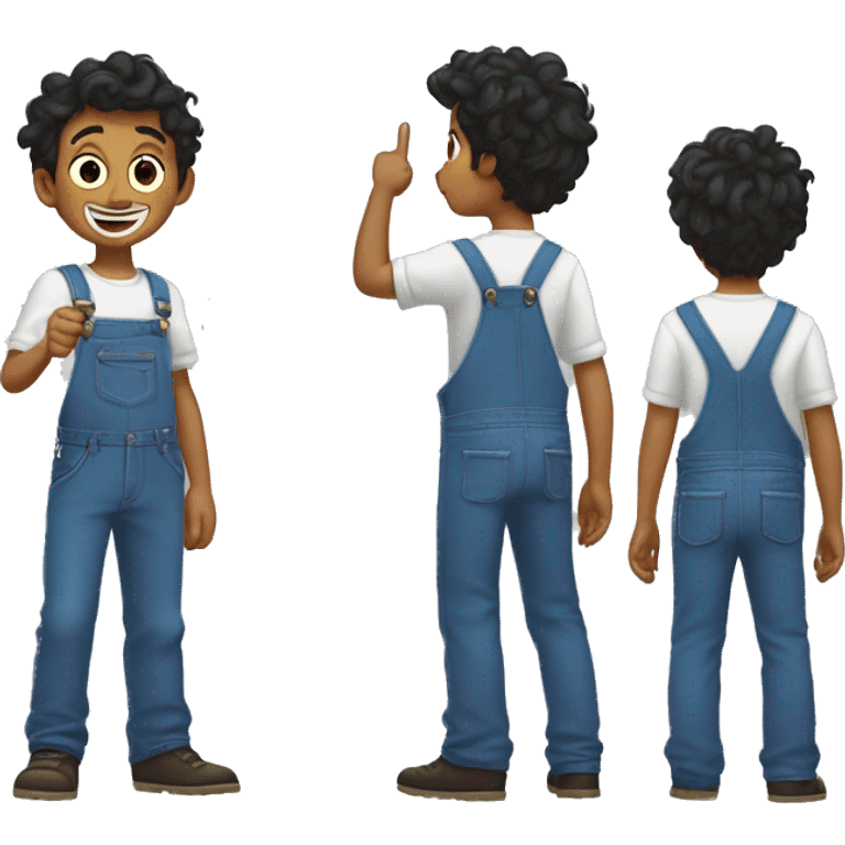 emoji of a boy from behind, pointing to the sky, white shirt and blue overalls, wavy dark brom hair, emoji style, pixar style, simple style, emoji. emoji