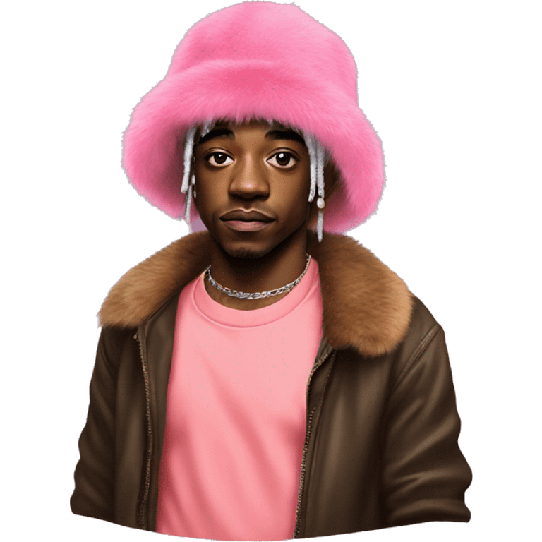 lil uzi vert wear  pink fur hat and wear organge tshirt emoji