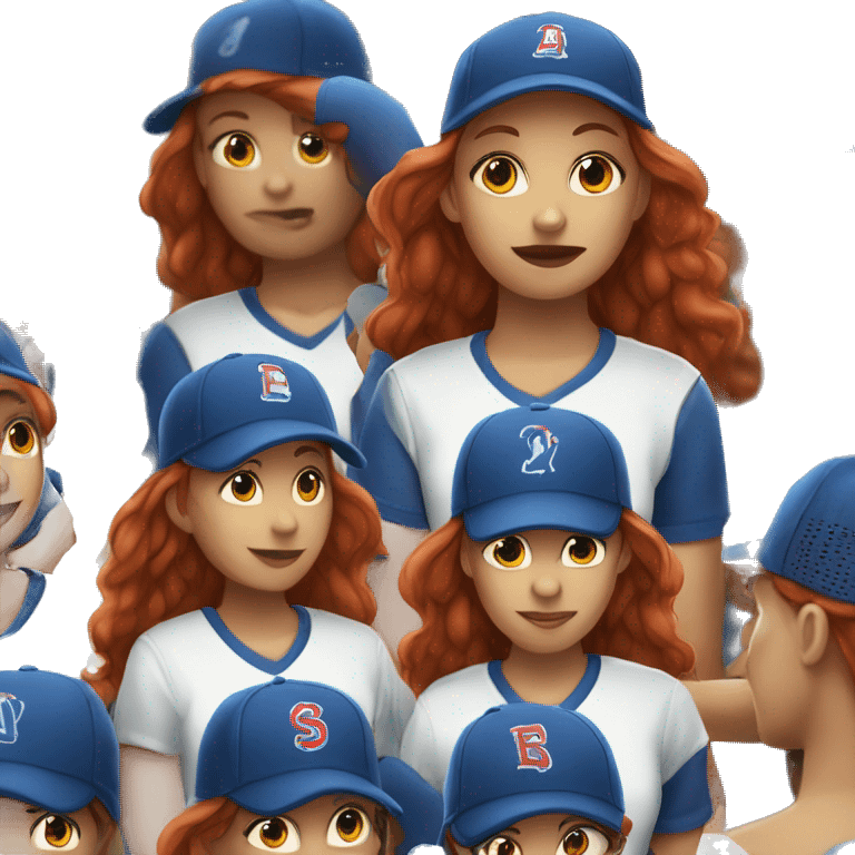 front facing standing female coach with long red hair, wearing a white t-shirt and a simple baseball blue hat emoji