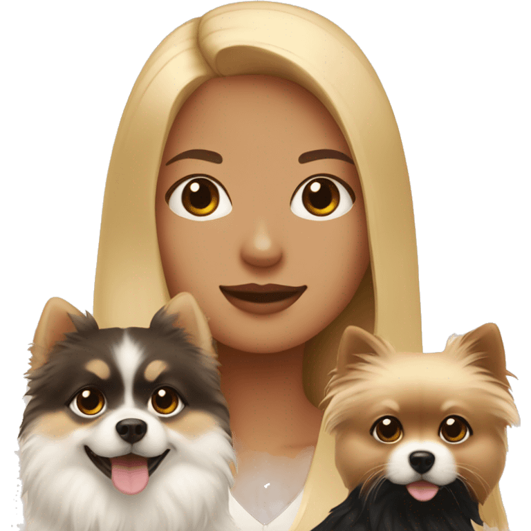 Blonde girl holding a white/brown pomeranian and a black pomeranian  emoji