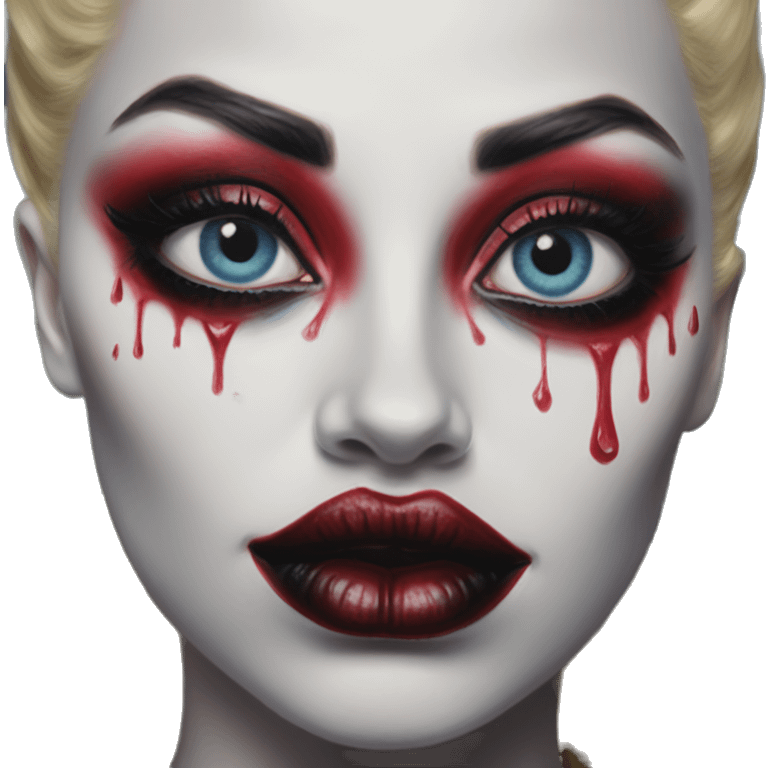 All seeing eye in Harley Quinn style, oil paint, mysterious eyes, intricate lips, masterpiece portrait, odd perspective, beautiful, desirable, logical emoji