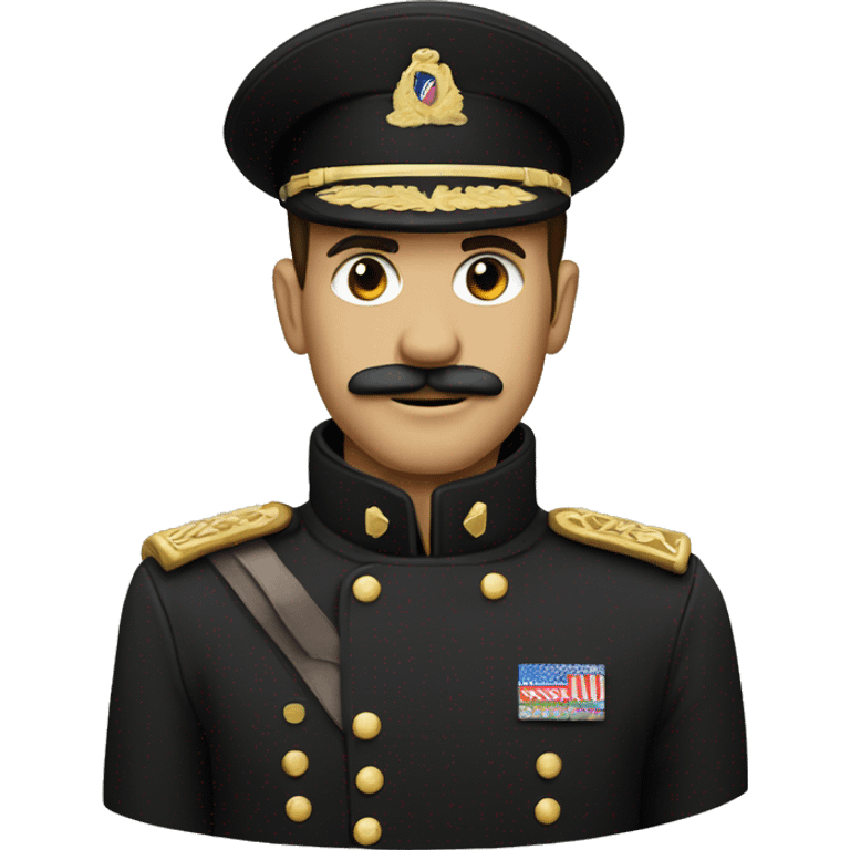 Military man with small moustache, dressed in long black trench coat,  being happy emoji