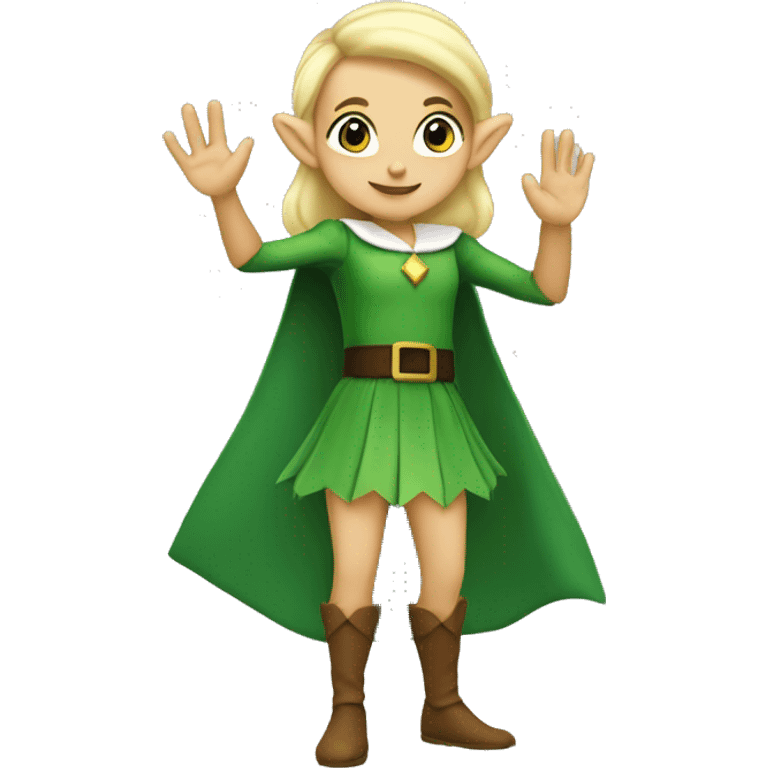 blonde elf with green skirt and large eyebrows waving hello with one hand emoji