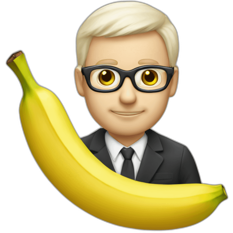 Uomo bianco pelato con occhiali e pizzetto lancia una banana emoji