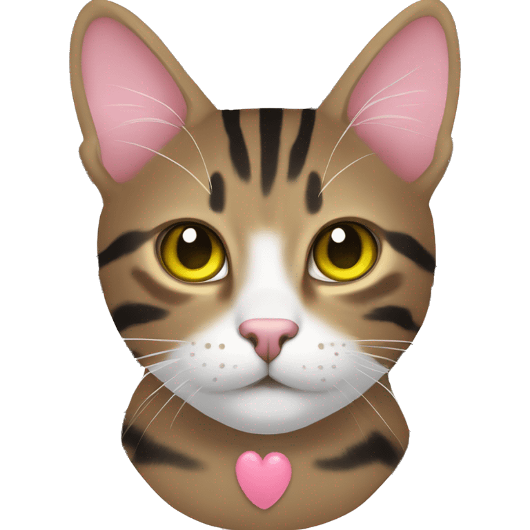 brown tabby cat with black stripes and yellow-green eyes and pink nose and white mouth emoji