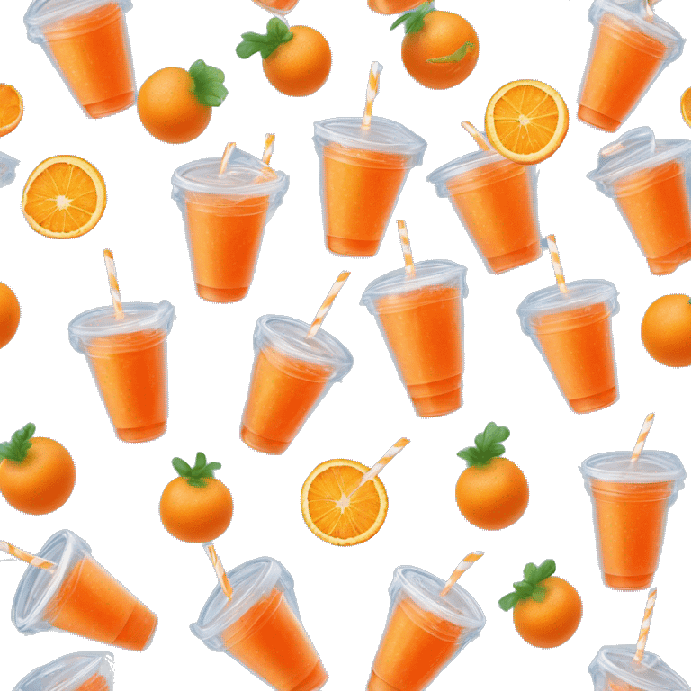 Realistic clear plastic cup half full of orange Transluscent soda with carrot shaped ice cubes inside the cup and orange curly straw through the top isolated.  emoji