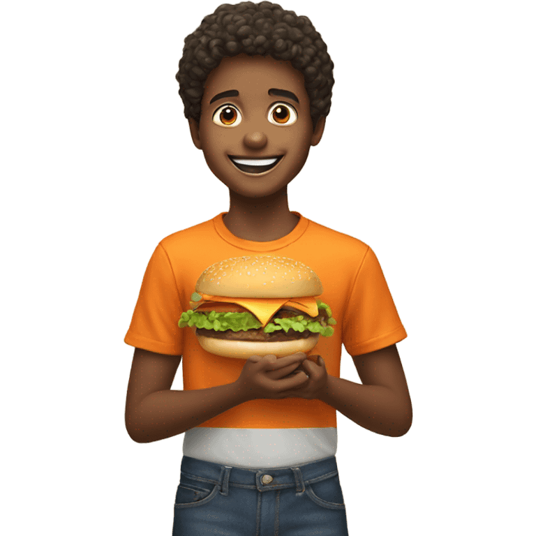 smiling boy with orange shirt eating burger  emoji