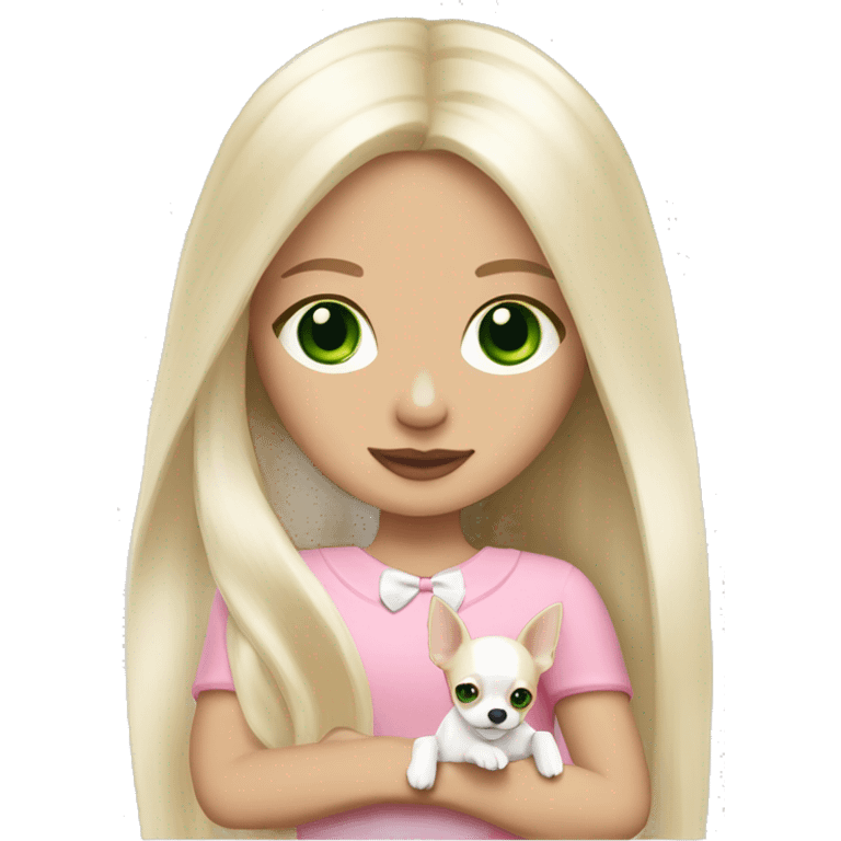 pale blond girl with long platinum hair with green eyes holding a white chihuahua puppy that wearing a pink bow emoji