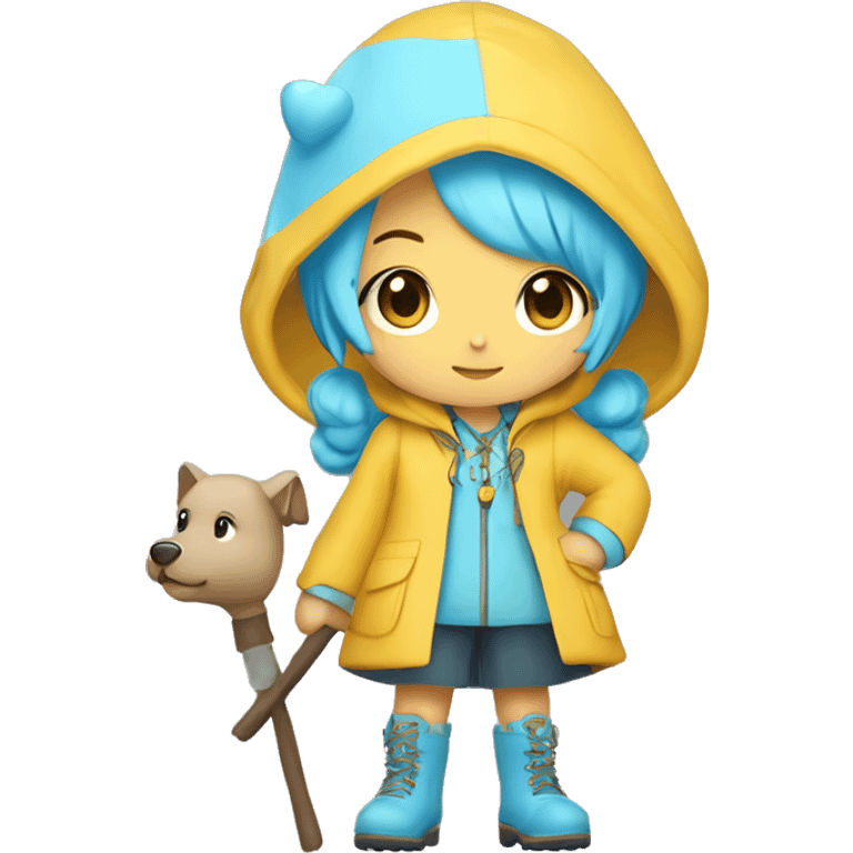 Cute little girl with light blue hair with peach skin, with yellow raincoat hooded with boots holding a shepherd staff, with a cross necklace, Sanrio design emoji