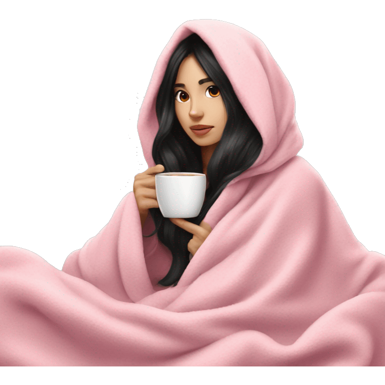 white black hair pretty girl in a pink blanket sippingk coffee wait girl  emoji