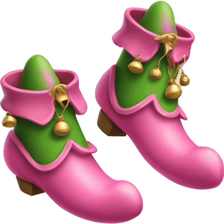 Realistic isolated pink and green elf shoes with bells. emoji