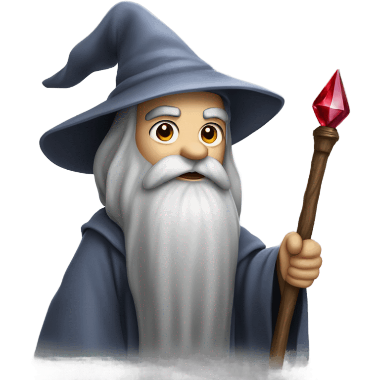 Wizard with long grey beard and silver and greyl robes, holding a wooden staff with a ruby on it emoji