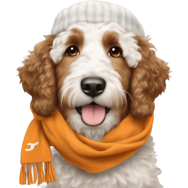 Bernedoodle with University of tennessee hat and scarf emoji