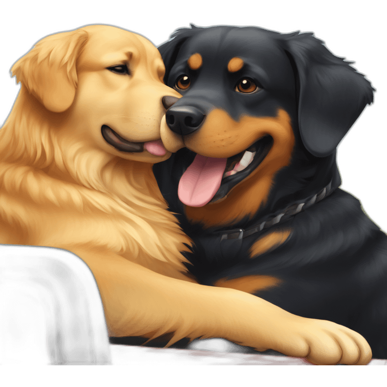 Golden retriever and rottweiller hugging in a moving truck emoji