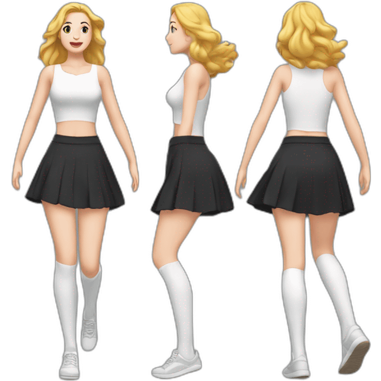 full-body-caucasian-curvy-beauty-jumping-short-black-skirt-back-and-front-views-strong-wind-knickers-long-white-socks emoji