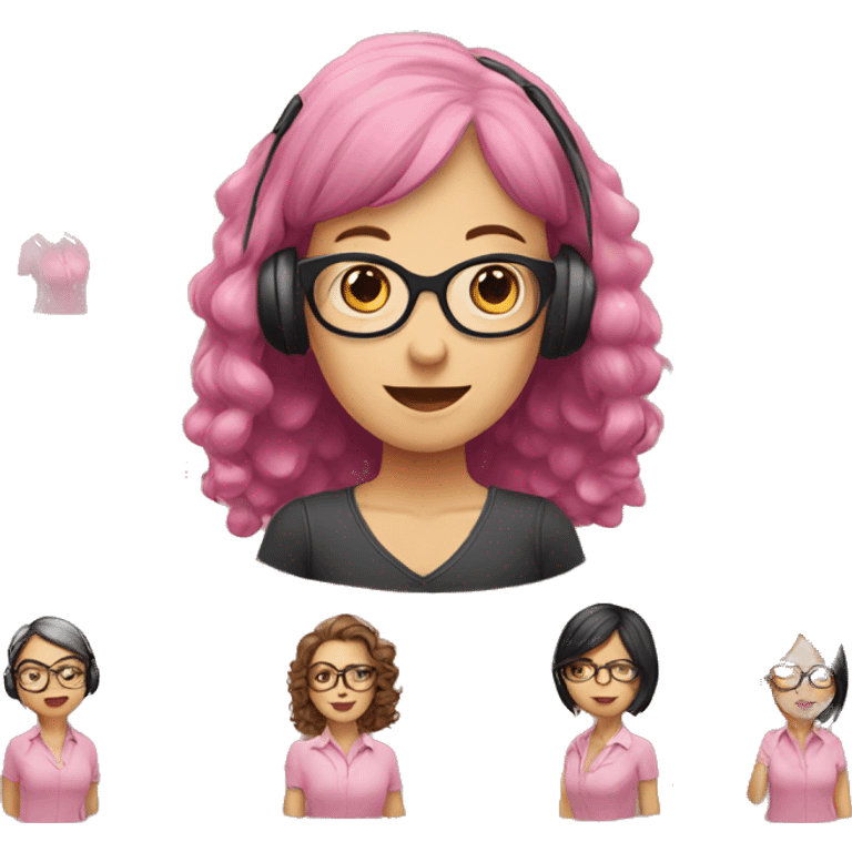 Call center,short pink hair girl, brown long hair  girl with glases emoji