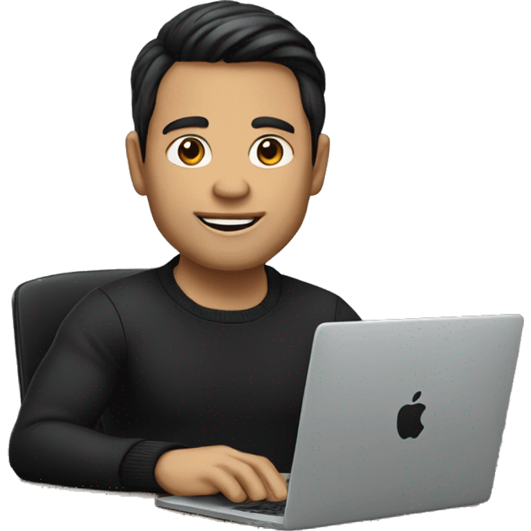     memoji of a man with a laptop in front, apple-style,modern,dark hair,black sweater,computer in hand,sitting on his desk emoji