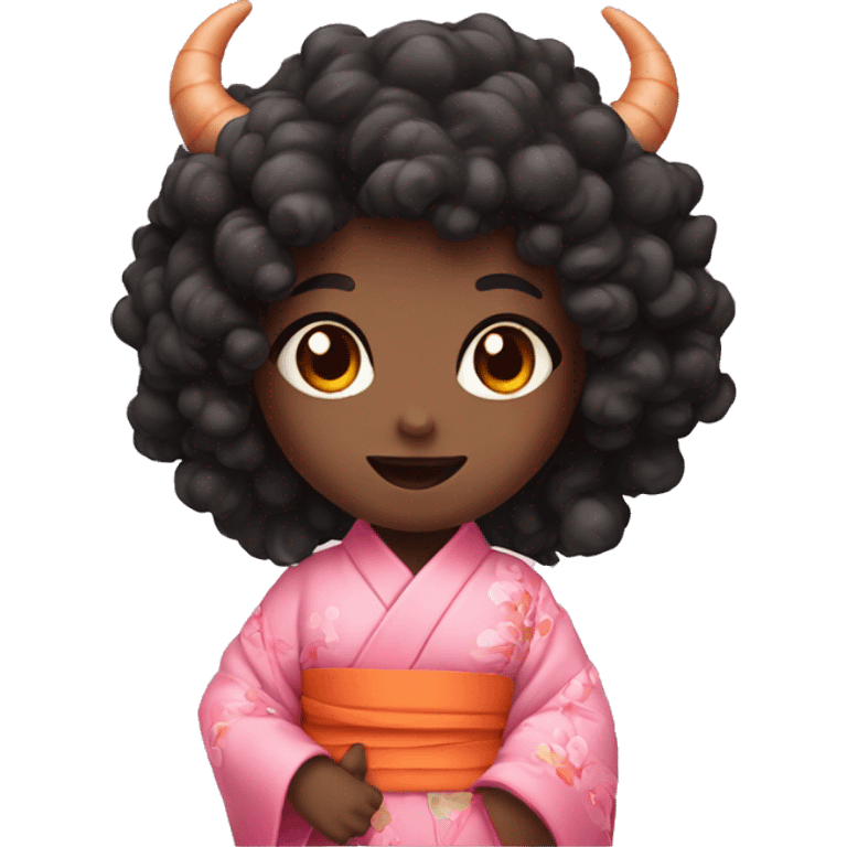 a demon girl with curly black orange and pink eyes with a pink kimono and a bamboo  emoji