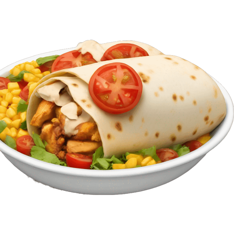 burrito bowl with chicken and tomatoes emoji