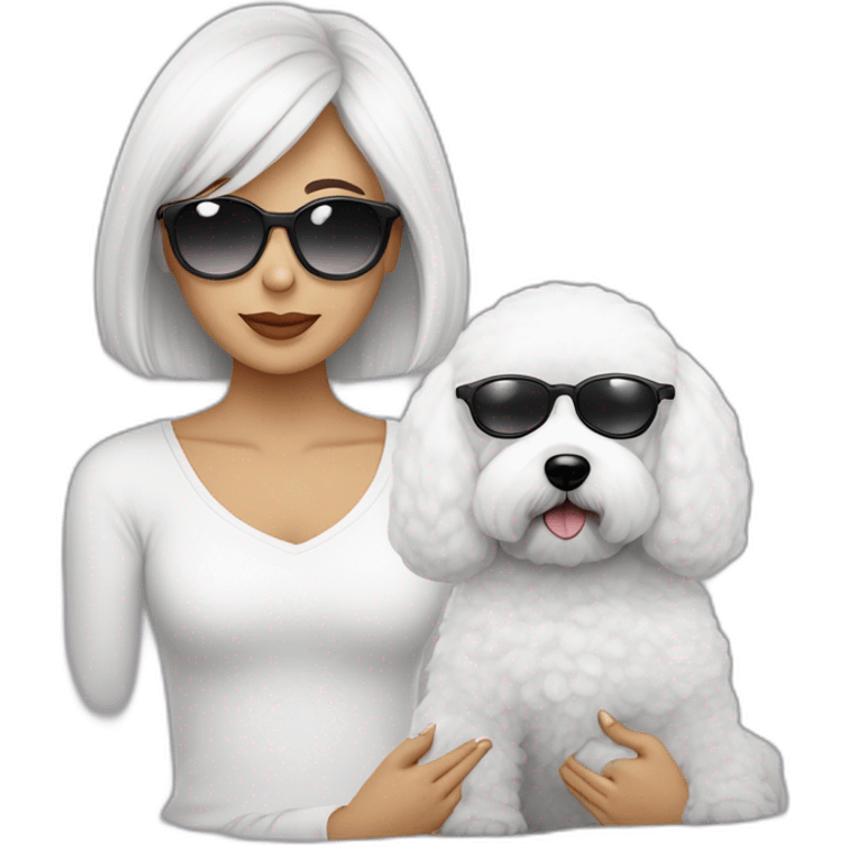 mujer piel blanca cabello obscuro largo con gafas  y perro bichon blanco emoji