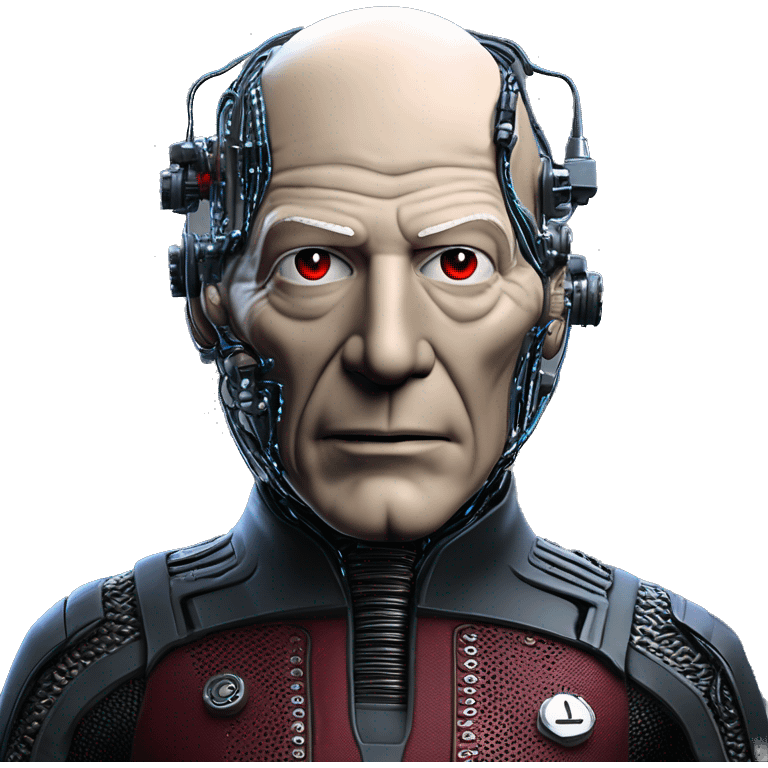 Jean luc picard from Star Trek assimilated by the Borg, with mechanical metal covering the left side of his face, with wires and a red light on the left side. His eyes are blue emoji