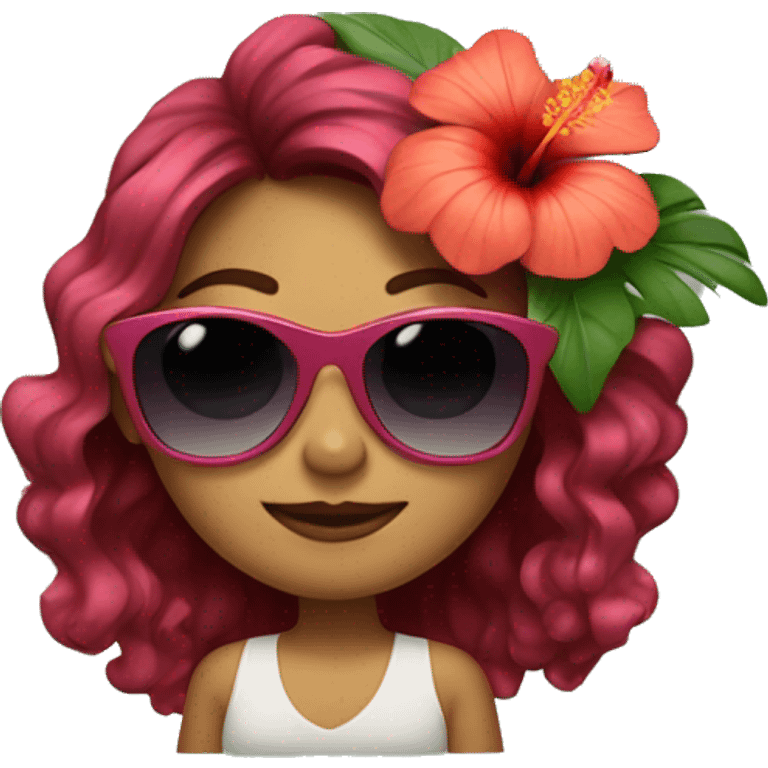 Girl with wavey hair with hibiscus flower and sunglasses emoji