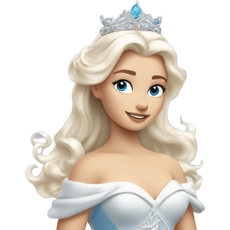 The Swan Princess, a beautiful young woman with platinum blonde hair, ocean-blue eyes, and a swan-inspired dress and tiara, exudes allure as she combs her hair gracefully in the wind,her skin is pale and she is a whole white emoji