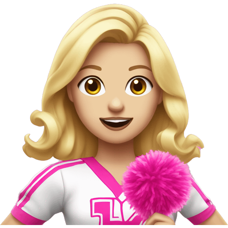 blonde cheerleader wearing pink uniform holding pink pompoms, pink bubblegum on mouth emoji