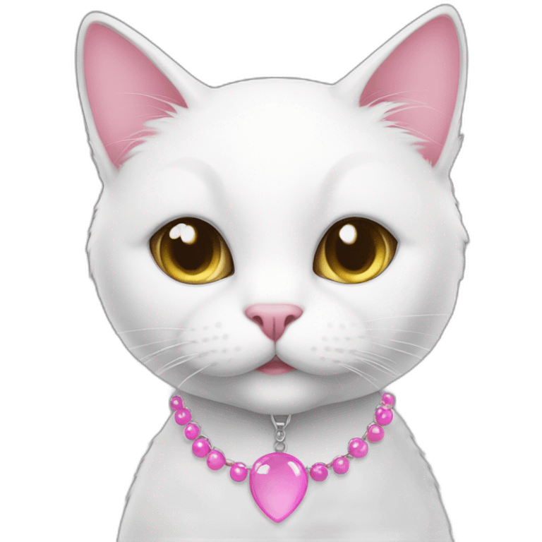 white cat with a pink necklace with the word "woni" emoji