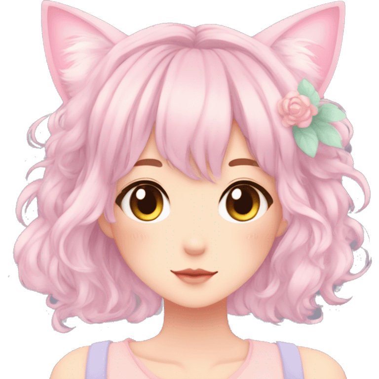 Gorgeous pastel anime girl with blushing face and hair garnitures and pretty hair and cat ears aesthetic trending style emoji