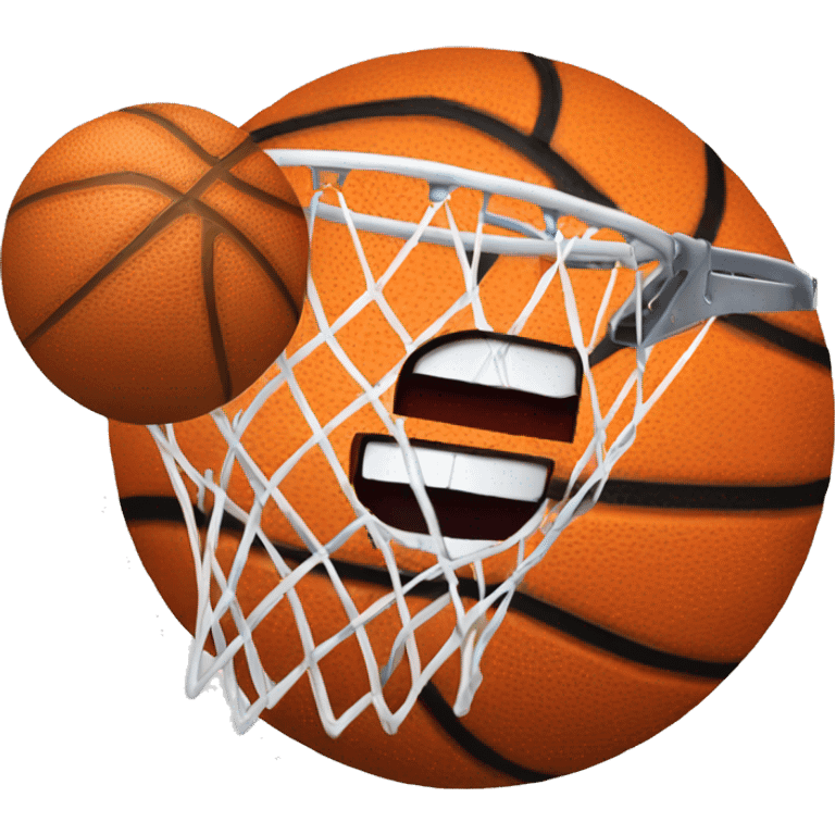 A basketball emoji dunking itself through a hoop with a happy grin emoji