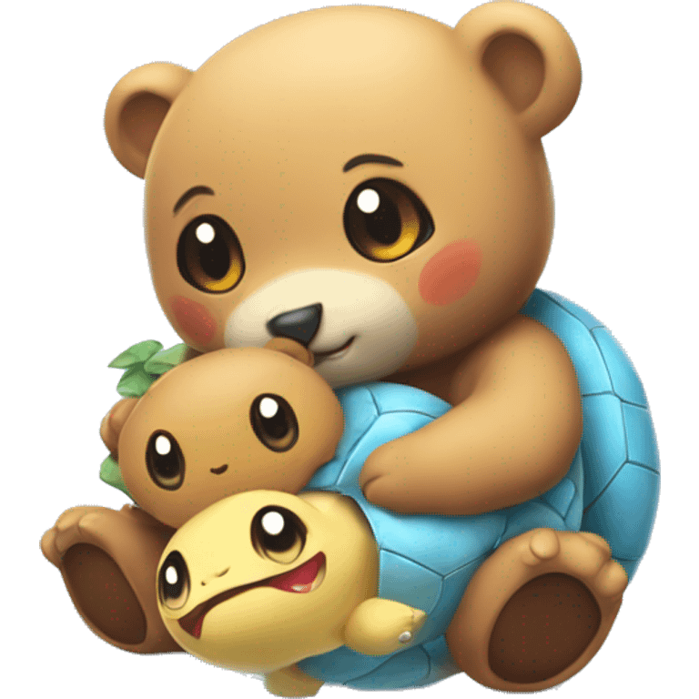 Cute bear cuddles with Pokémon squirtle  emoji