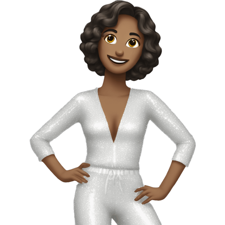 White brunette in sequin jumpsuit dancing emoji