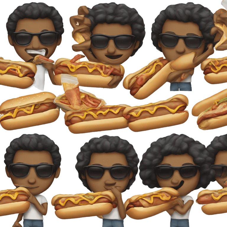 man eating hotdog, black hair, sunglasses  emoji