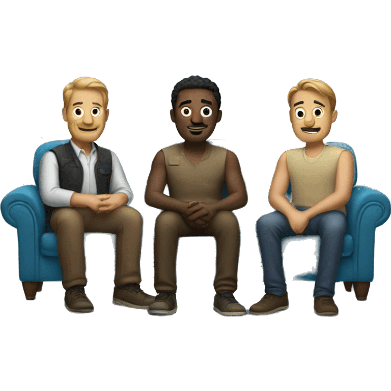 three men sitting on a couch together emoji