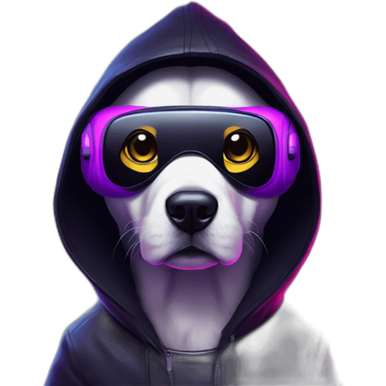 Russian dog wearing a black hoodie with "OMG" letters on it and VR headset in a cyberpunk VR environment with violet neon lighting. emoji