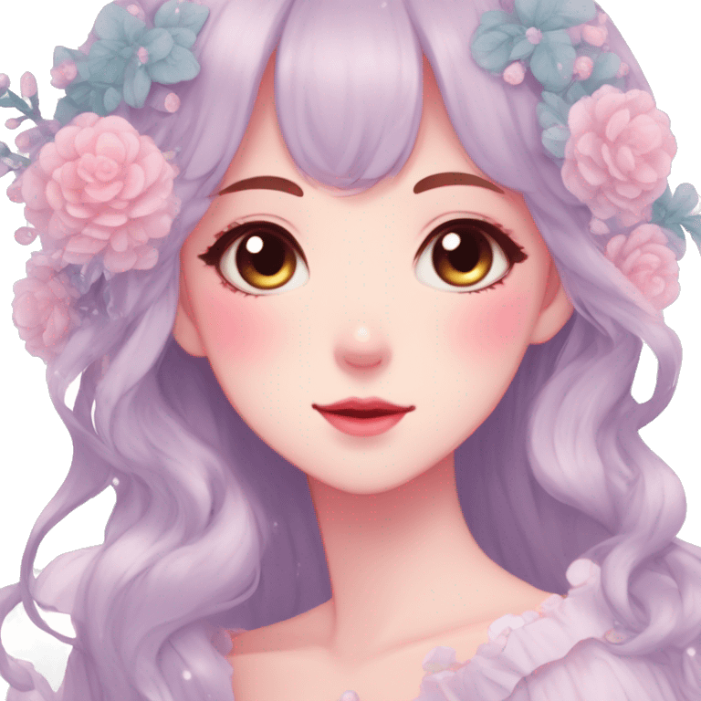 Gorgeous pastel anime style lady with blushing face and flowers cottagecore fairycore pastelcore colorful pearly romantic simplistic aesthetic trending style emoji