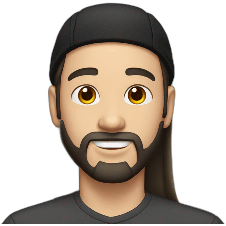 young white man with long hair, a black cap, earings and a black beard. emoji