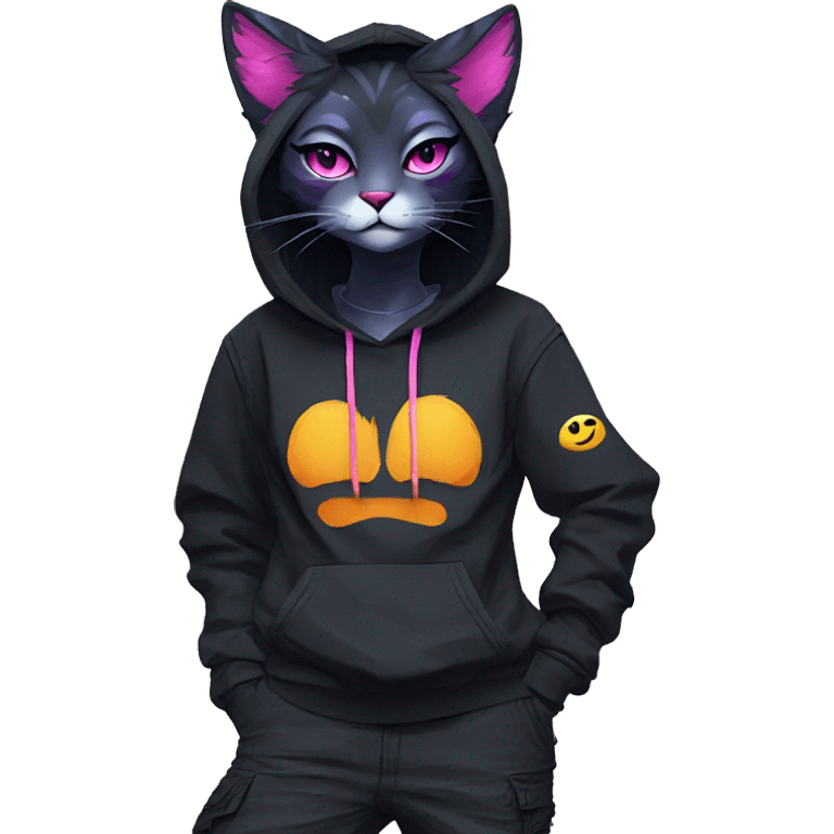 Edgy Anthro cool pretty colorful dark cat-fursona techwear cargo pants hoodie emoji