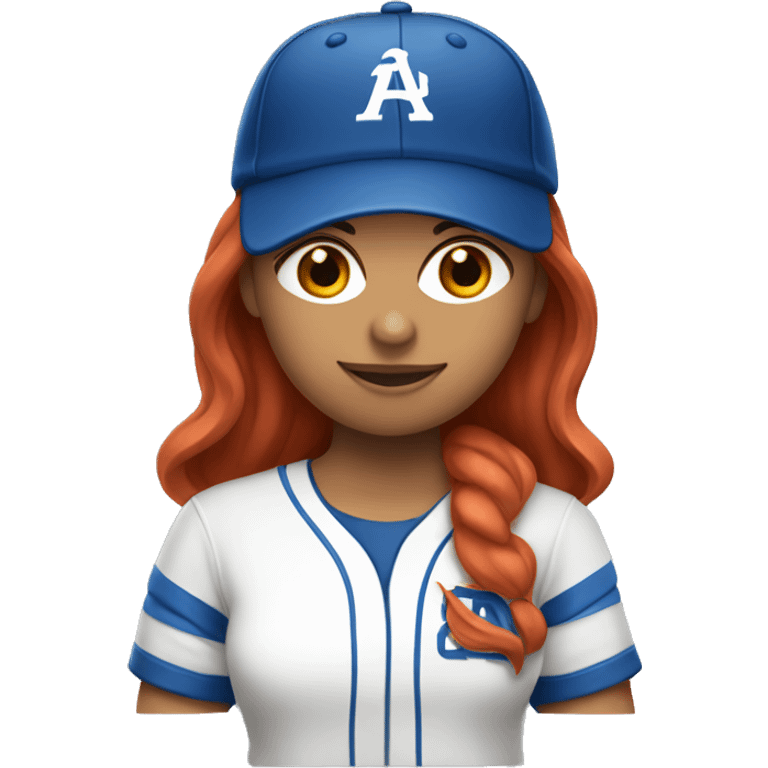 front facing, standing female coach with long red hair, wearing a white t-shirt and a simple blue baseball hat emoji