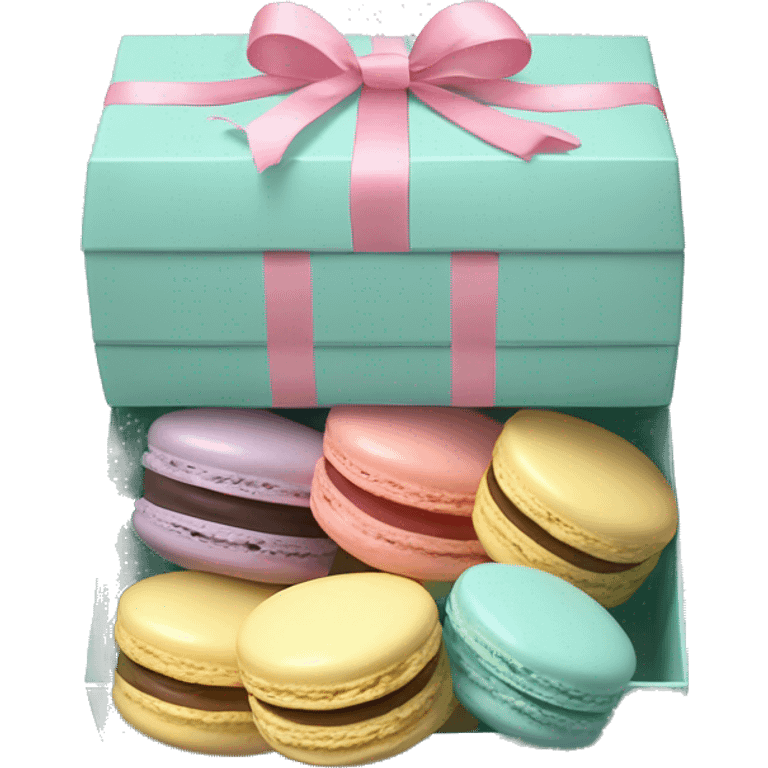 Realistic flat clear box of pastel macaron cookies with ribbon bow tied around the box. emoji