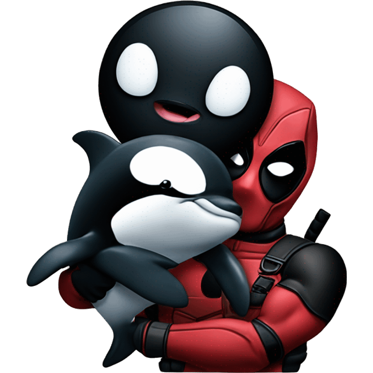 Deadpool holding a baby orca emoji