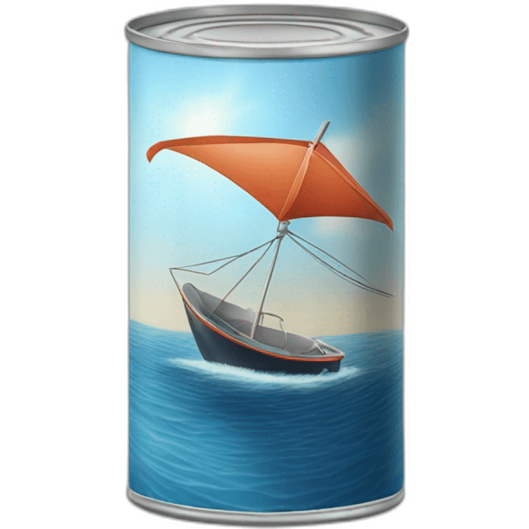 realistic can of tuna fish sowing the shape of a sailling boat on a sea background emoji