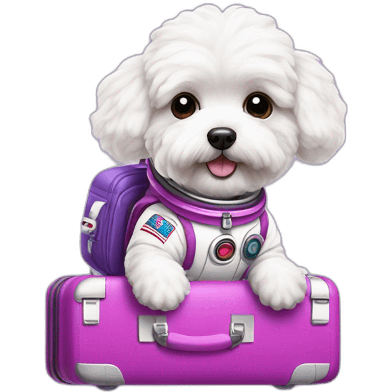 a white maltipoo as purple astronaut with a pink luggage emoji